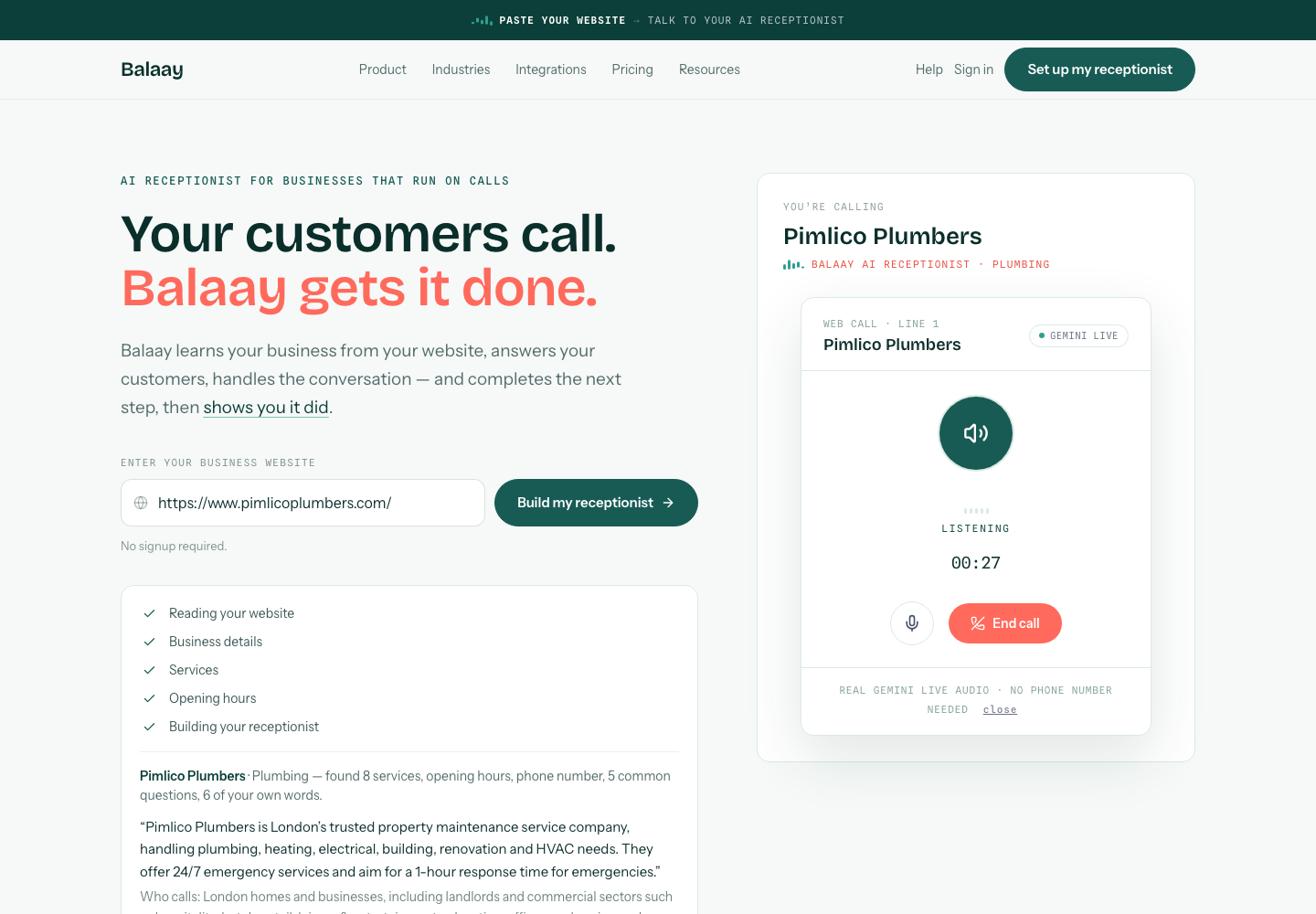 Balaay browser interface after importing a public plumbing website, with a real receptionist call connected